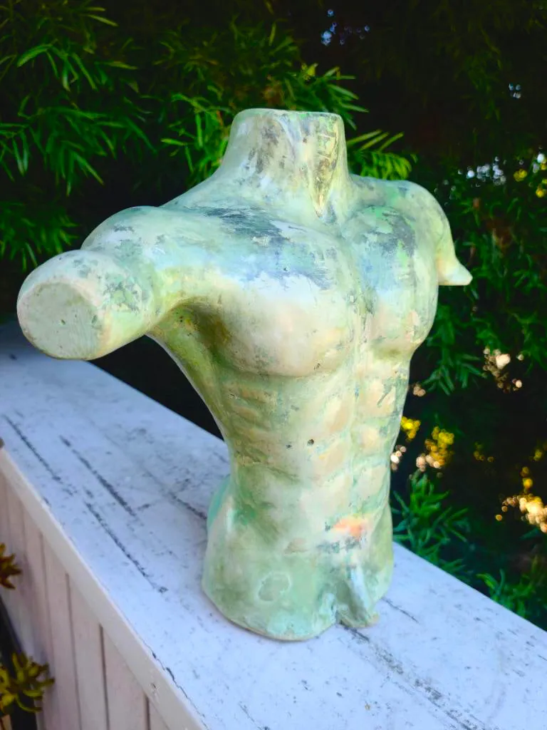 Artisan Signed Kumorek 1982 Green Clay Ceramic Man Muscular Bust Art Sculpture