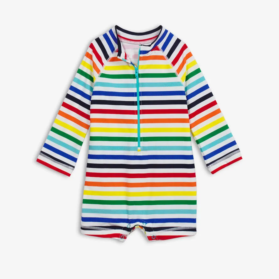 Baby one-piece rash guard in rainbow stripe