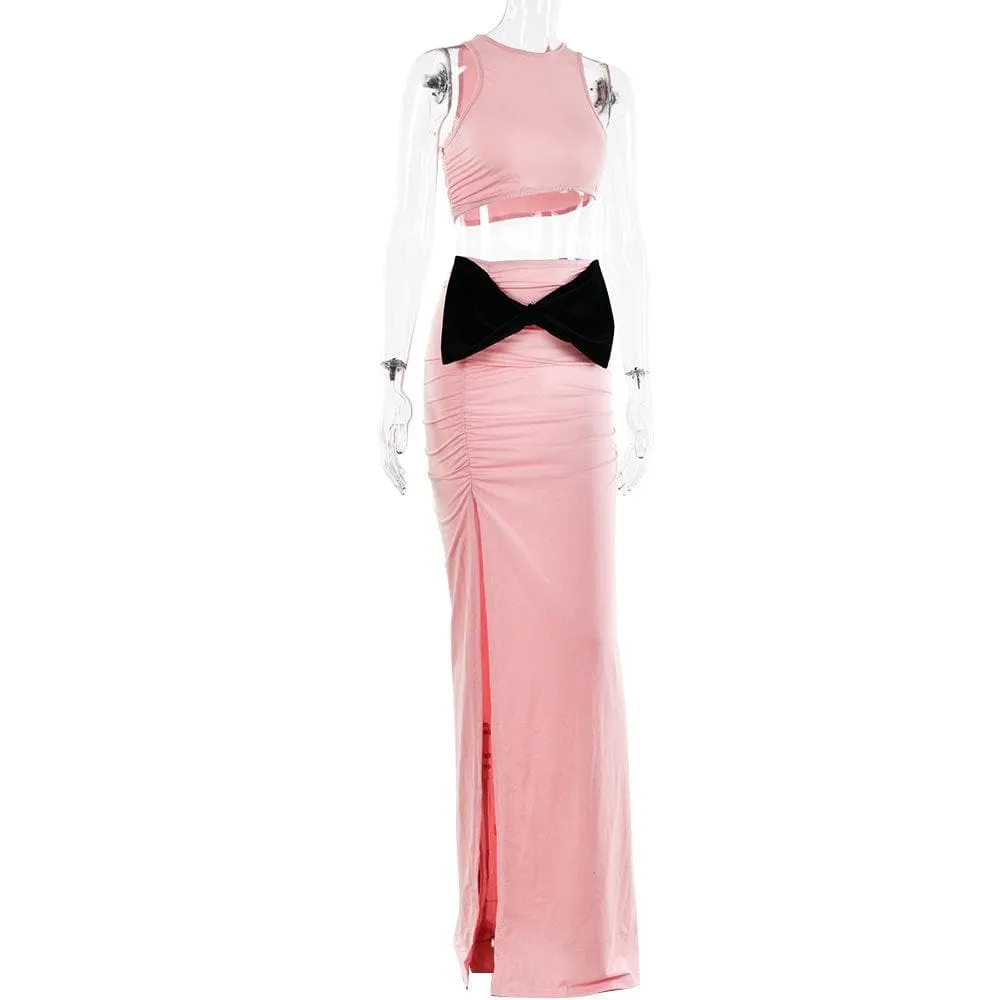 BerryBetty - Bowknot contrast sleeveless slit ruched maxi skirt set