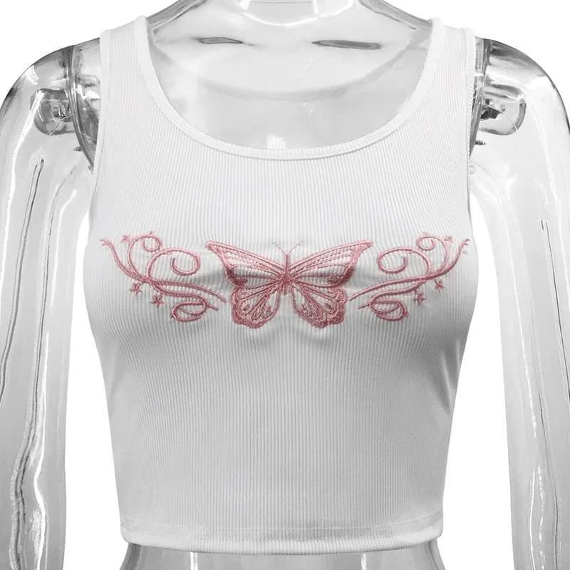 BerryBetty - Butterfly embroidery u neck sleeveless ribbed crop top