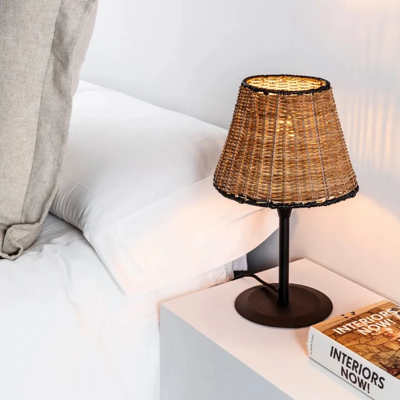 Black and Natural Rattan Table Lamp