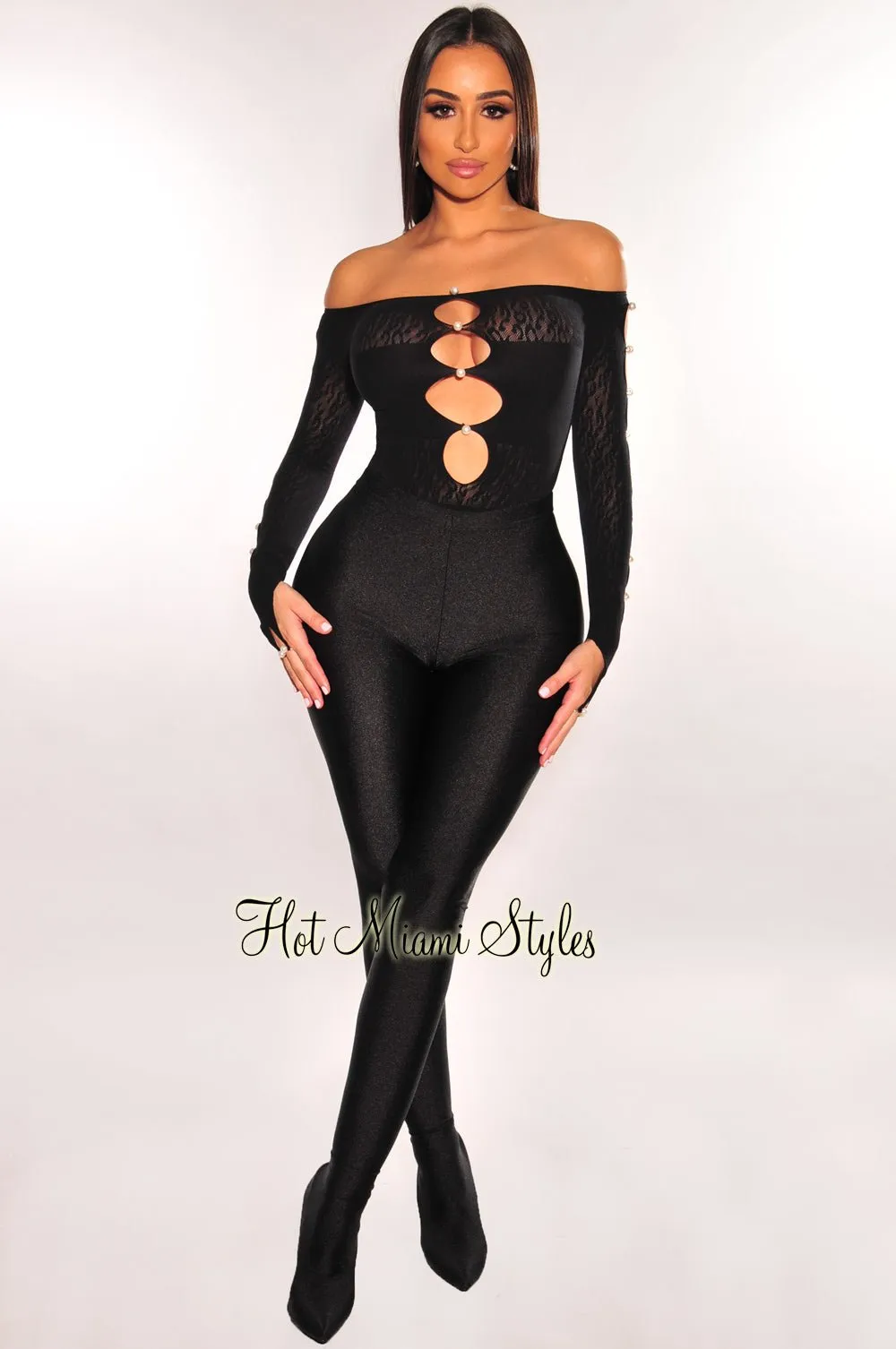 Black Pearl Off Shoulder Cut Out Long Sleeve Seamless Bodysuit