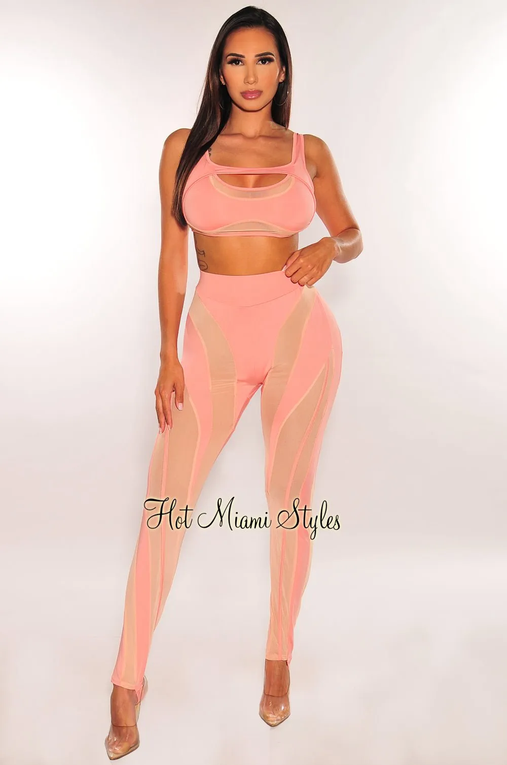 Blush Nude Illusion Sleeveless Stirrup Pants Two Piece Set