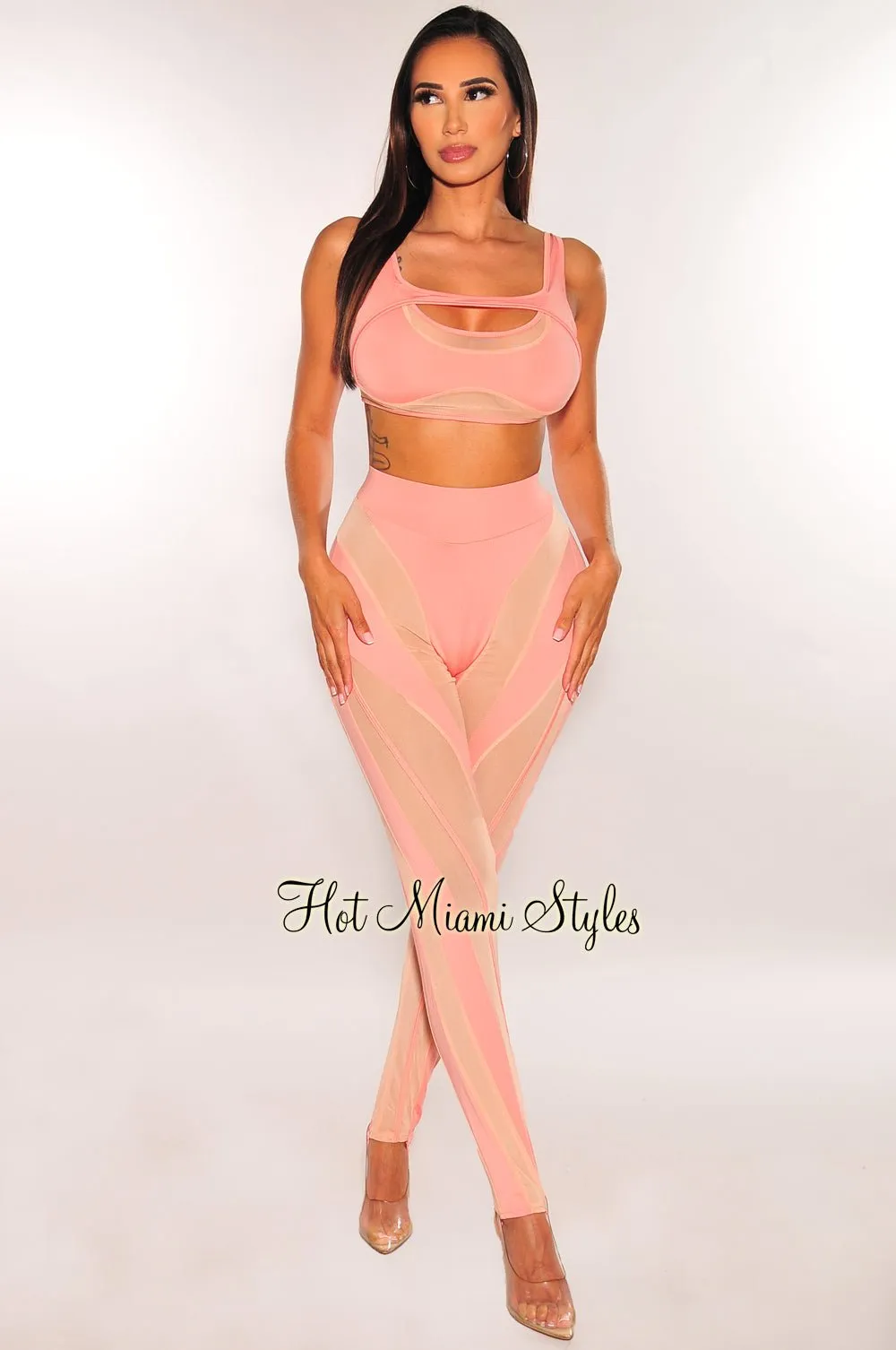 Blush Nude Illusion Sleeveless Stirrup Pants Two Piece Set