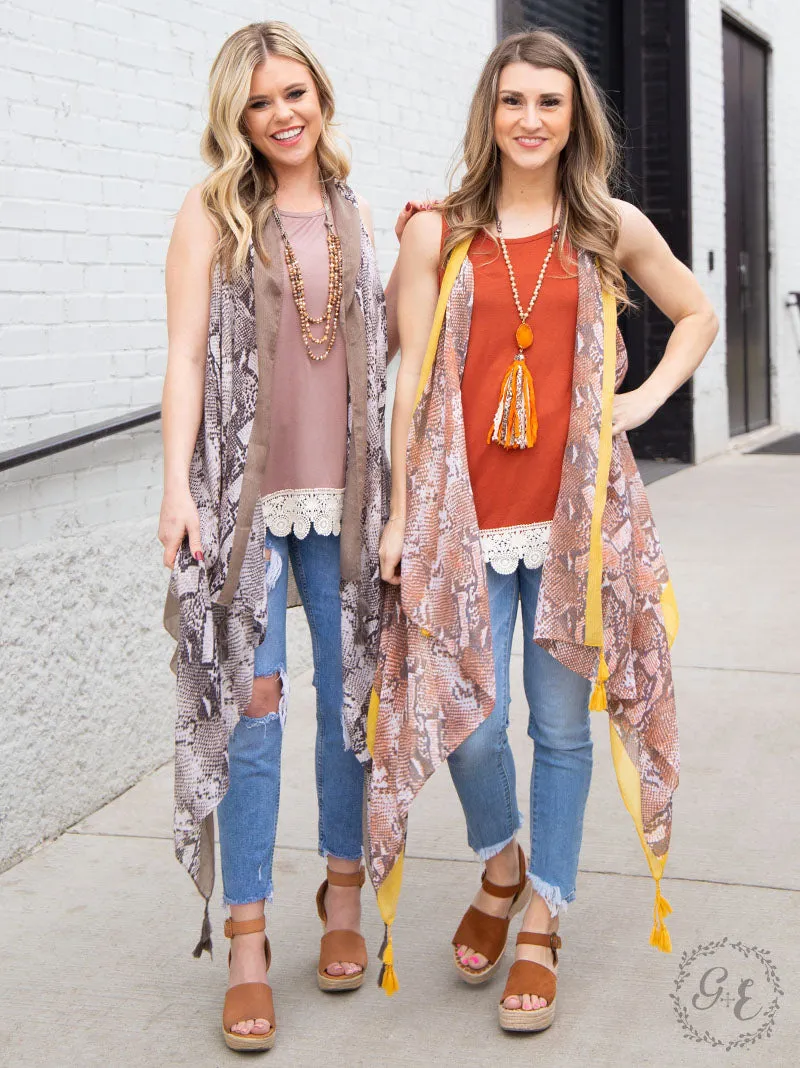 Can't Rattle Me Snake-Print Cover Up with Mustard Trim & Tassels