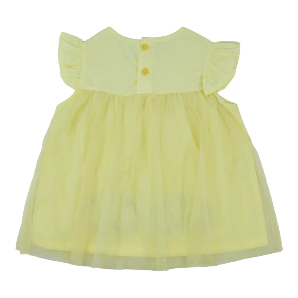 Flutter Sleeves Tulle Dess With Unicorn Applique Details And Diaper Cover Set - Yellow