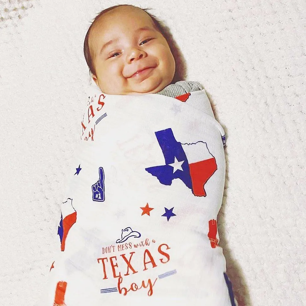 Gift Set: Texas Baby Boy Muslin Swaddle Blanket and Burp Cloth/Bib Combo