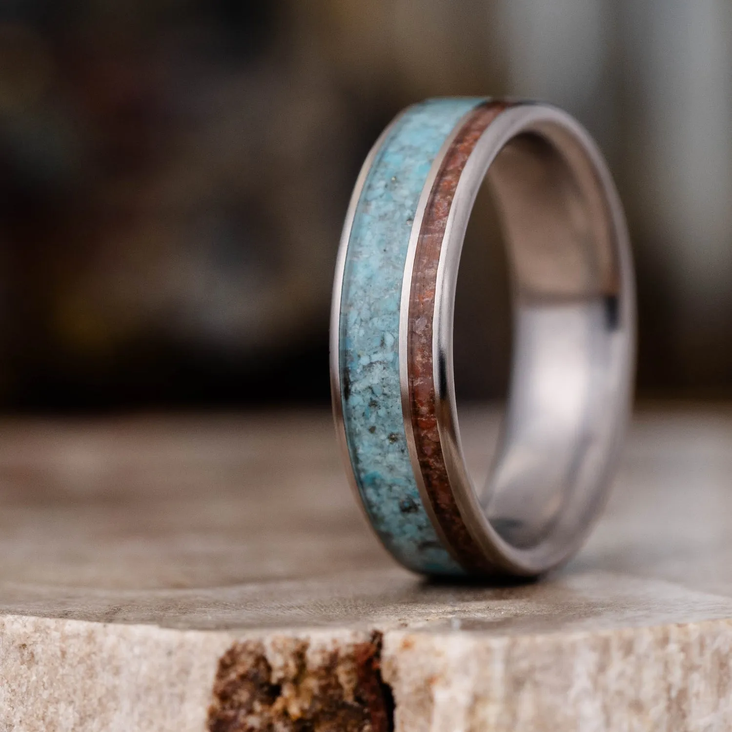 (In-Stock) Custom Men's Titanium Wedding Band with Turquoise and Dinosaur Bone - Size 8.75 | 6mm Wide