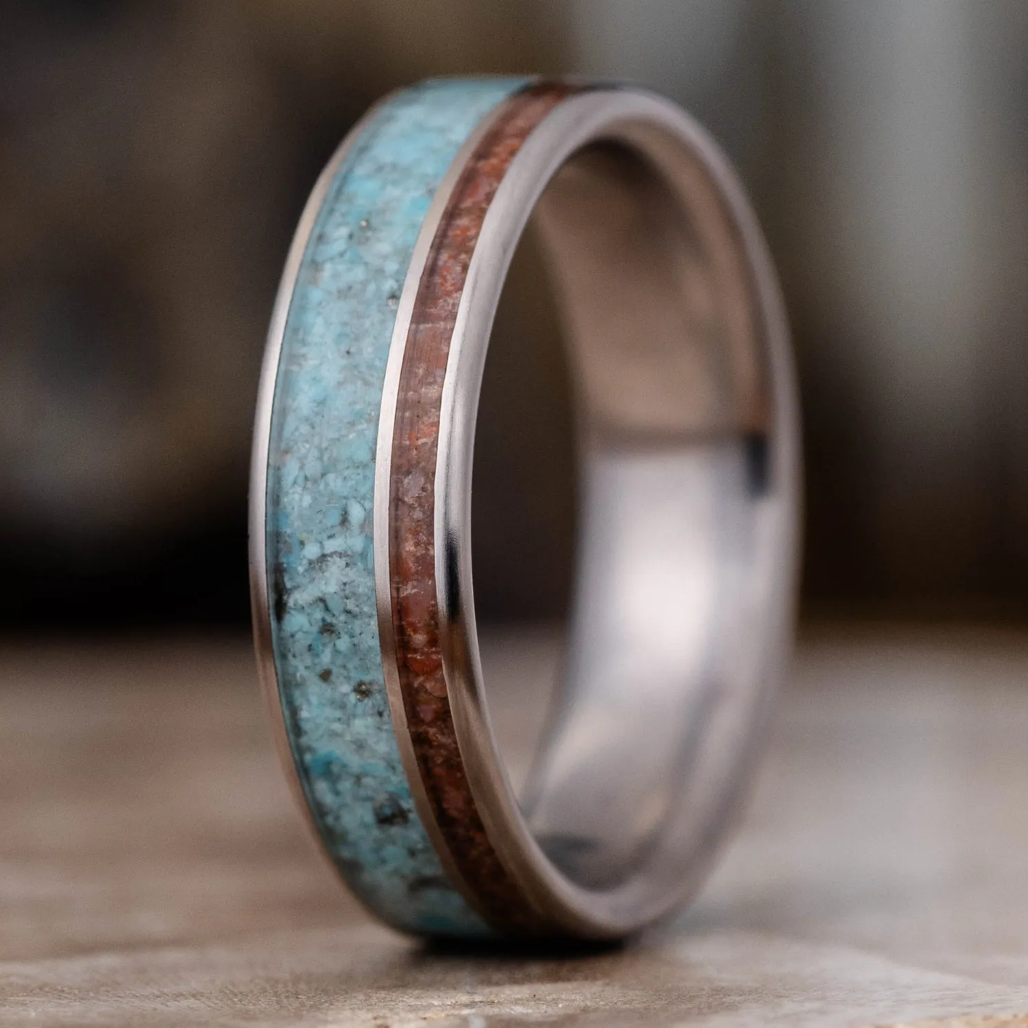 (In-Stock) Custom Men's Titanium Wedding Band with Turquoise and Dinosaur Bone - Size 8.75 | 6mm Wide