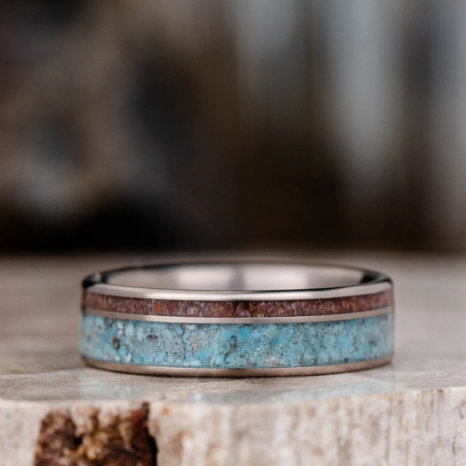 (In-Stock) Custom Men's Titanium Wedding Band with Turquoise and Dinosaur Bone - Size 8.75 | 6mm Wide