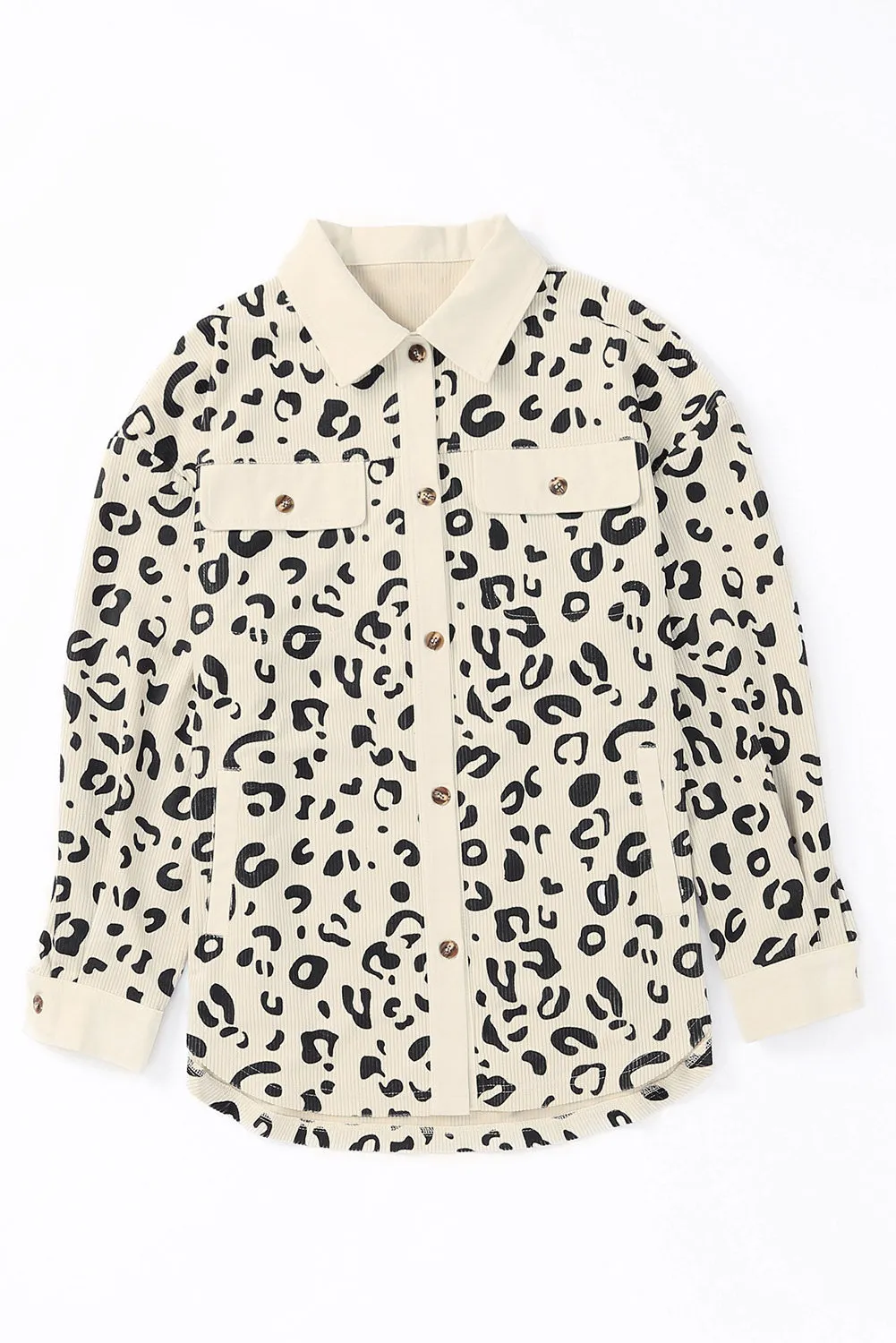 Pink Collared Neckline Flap Pockets Leopard Corduroy Jacket