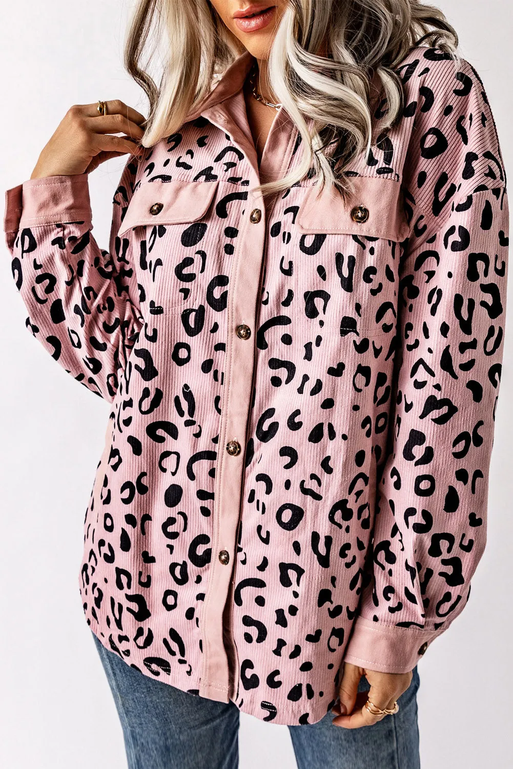 Pink Collared Neckline Flap Pockets Leopard Corduroy Jacket