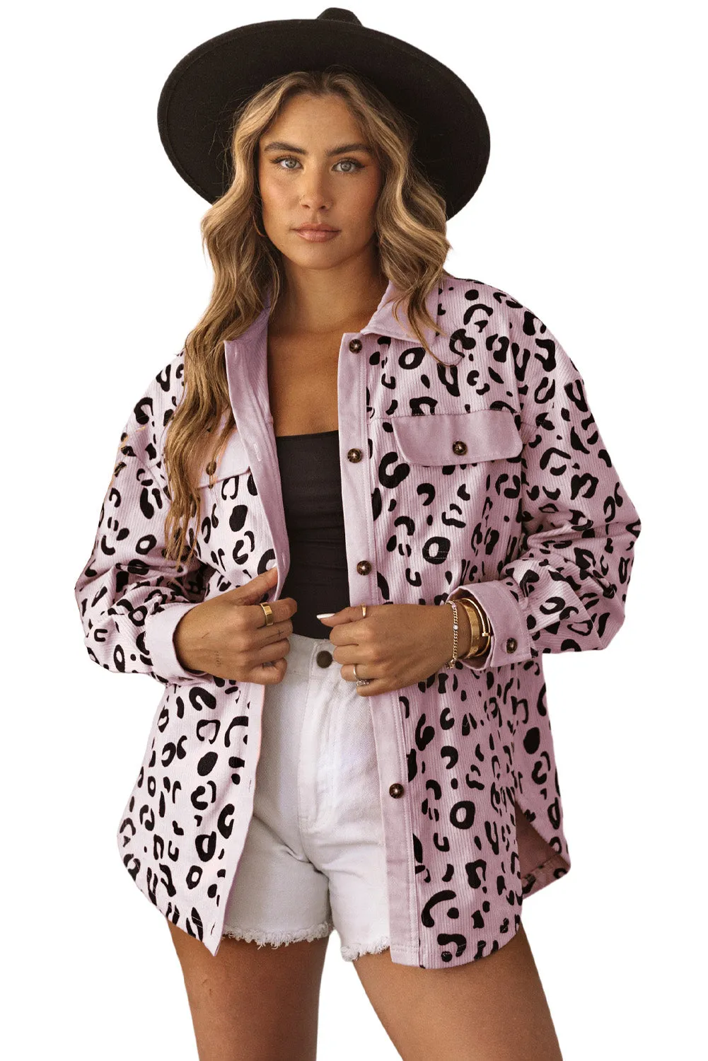 Pink Collared Neckline Flap Pockets Leopard Corduroy Jacket