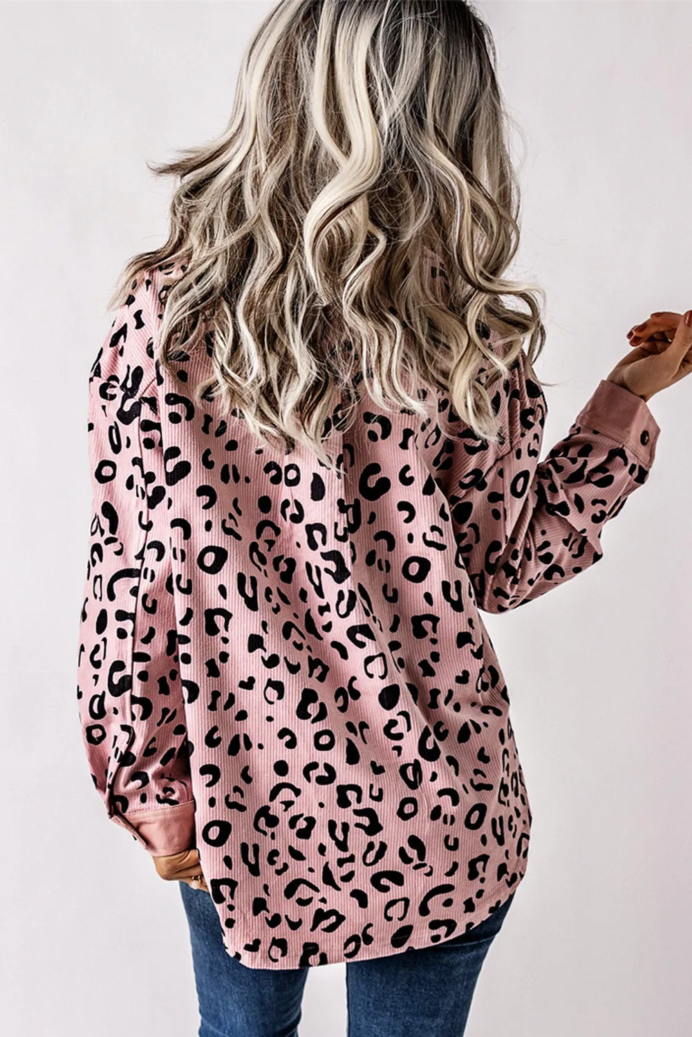 Pink Collared Neckline Flap Pockets Leopard Corduroy Jacket